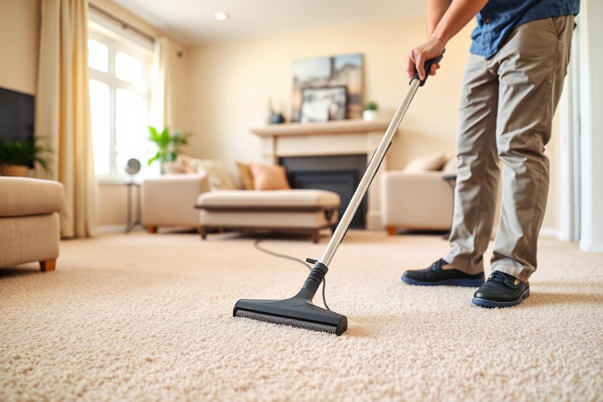 Technician deep cleaning living room carpet with a hot-water extraction wand