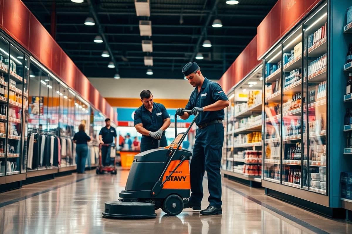 Commercial janitorial crew running a floor machine in a retail store after hours