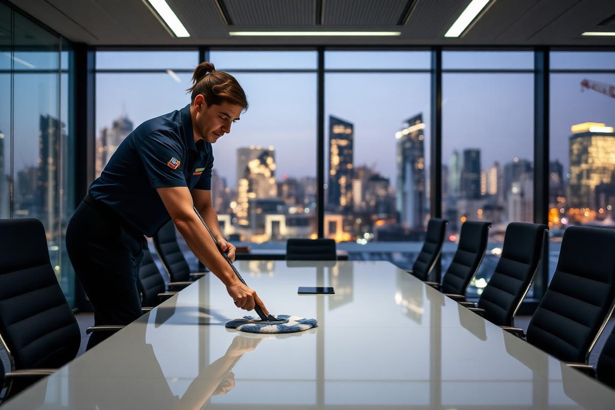 Evening office cleaner wiping a conference room table in a professional office suite