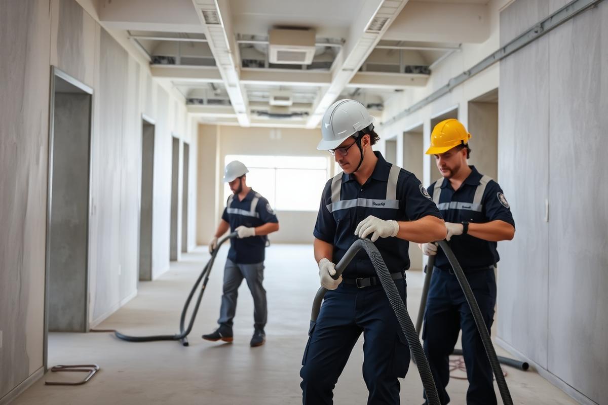 Post-construction cleanup crew vacuuming fine drywall dust in a new commercial build