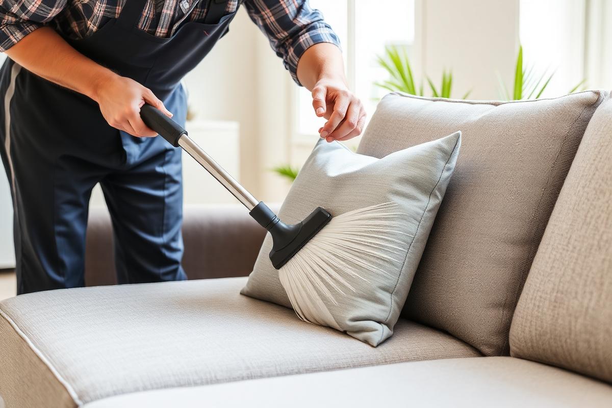 Technician steam cleaning a grey fabric sofa cushion with an upholstery tool